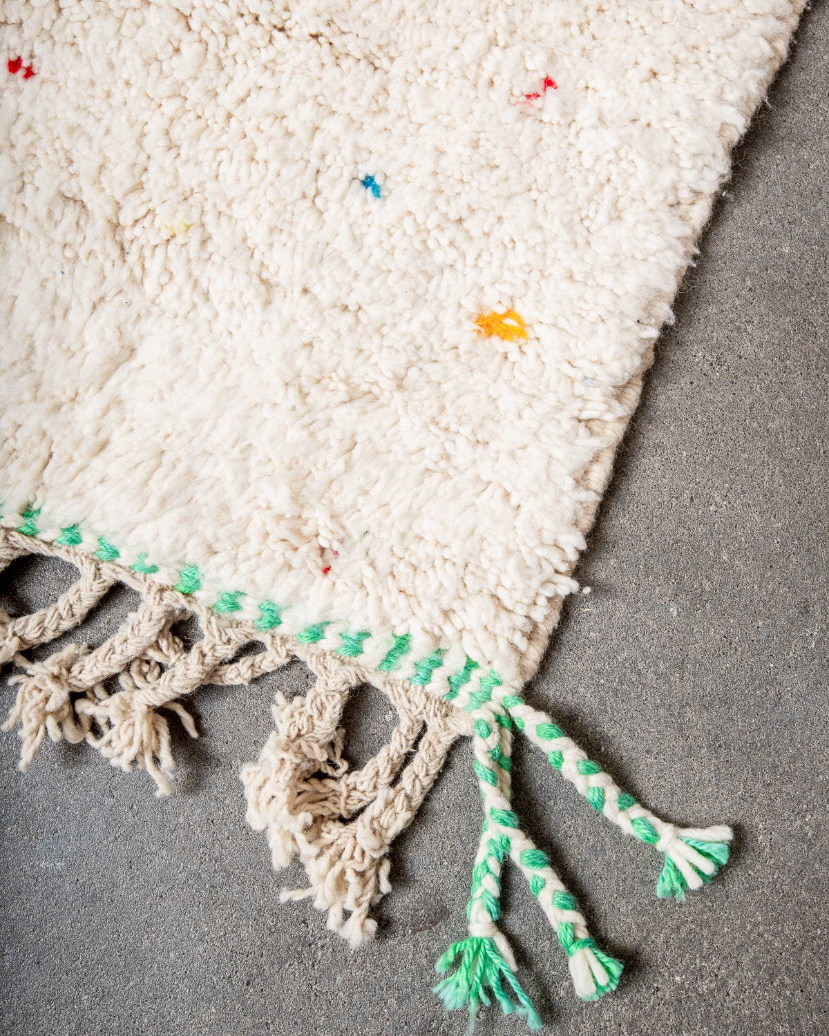 Modern, designer, handcrafted Berber rug from Morocco. Beniourain carpet with beautiful colours and patterns and fluffy wool texture.
